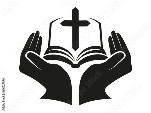 Hands holding an open book with a christian cross representing faith and spirituality.