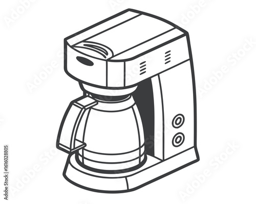 Simple outline illustration of a modern drip coffee maker in black and white style.