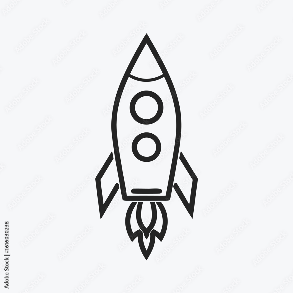Simple black and white outline illustration of a launching rocket symbol on a white background. Simple black and white outline illustration of a launching rocket symbol on a white background.