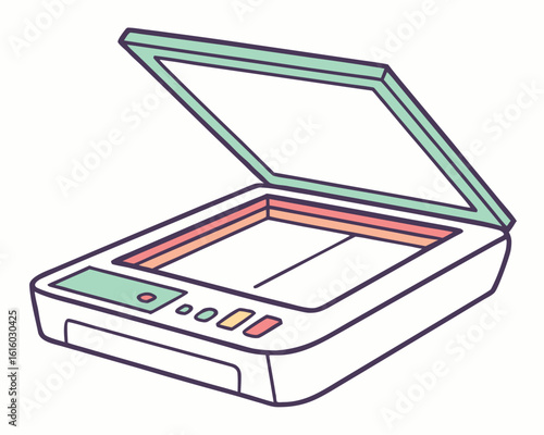 Simple illustration of an open scanner device ready for scanning documents or images.