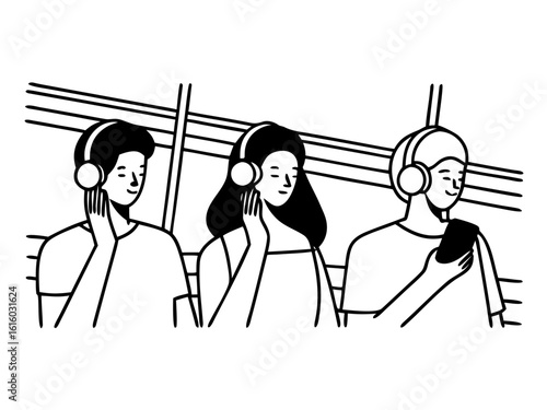 Harmony of Sound and Journey: A modern illustration showcases three individuals immersed in music, each engrossed in their own sonic world during a commute.