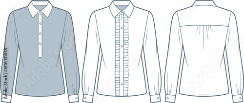 Women’s button-up long sleeve blouse with ruffle detail, technical flat sketch front and back views, fashion CAD vector template