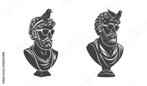 Two detailed classical stone busts depicting bearded figures with ornate headwear and draped clothing