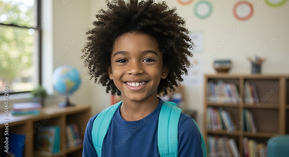 Fototapeta premium Smiling African American boy with backpack ready for school portrait