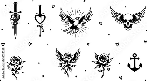 Traditional Tattoo Flash: Symbols of Strength, Love & Rebellion"  old school tattoo,  vector bundle graphics