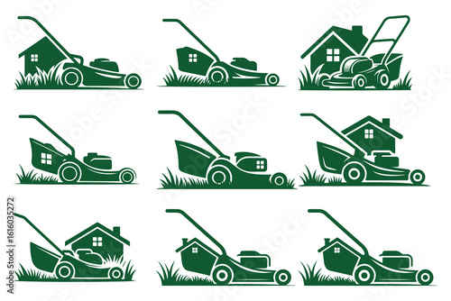Green Lawn Mower Icons Set – Grass Cutting, House Yard, Gardening Equipment Vector