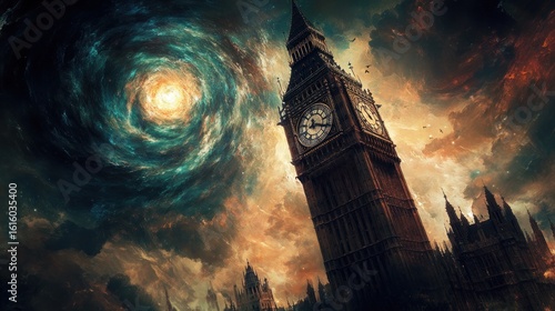 Tapety artystyczne Clock tower, swirling vortex, dramatic sky