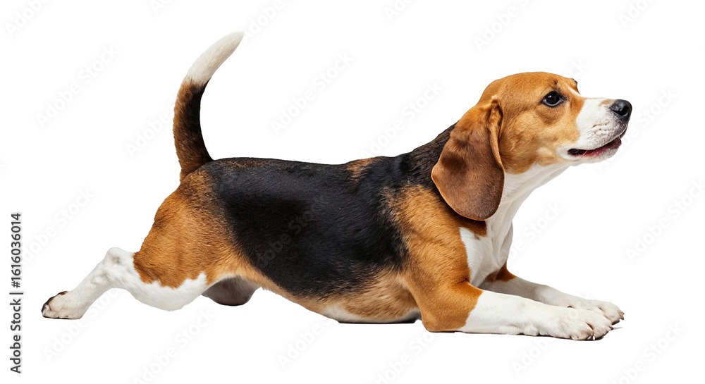 A classic tricolor Beagle dog lying down with its front paws extended and hind legs tucked, looking alert, isolated on a transparent background. A classic tricolor Beagle dog lying down with its front paws extended and hind legs tucked, looking alert, isolated on a transparent background.