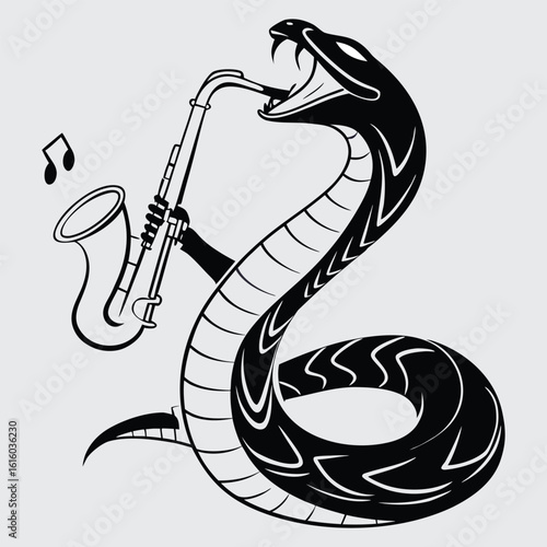 Silhouette of Snake Playing Saxophone – Funny Musical Reptile Vector Illustration