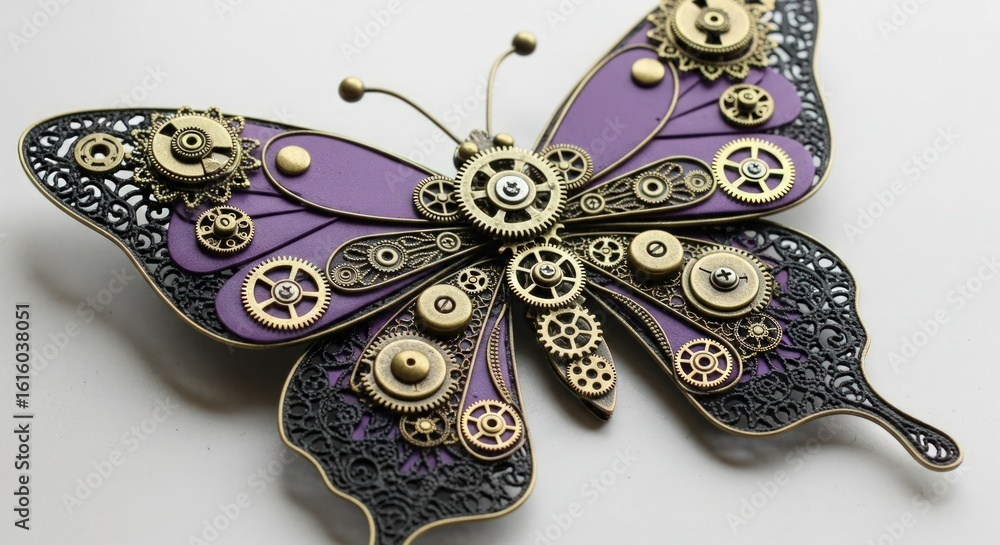 Fototapeta premium Close up of a Decorative Steampunk Butterfly Adorned with Intricate Gears, Cogs, and Ornate Metalwork