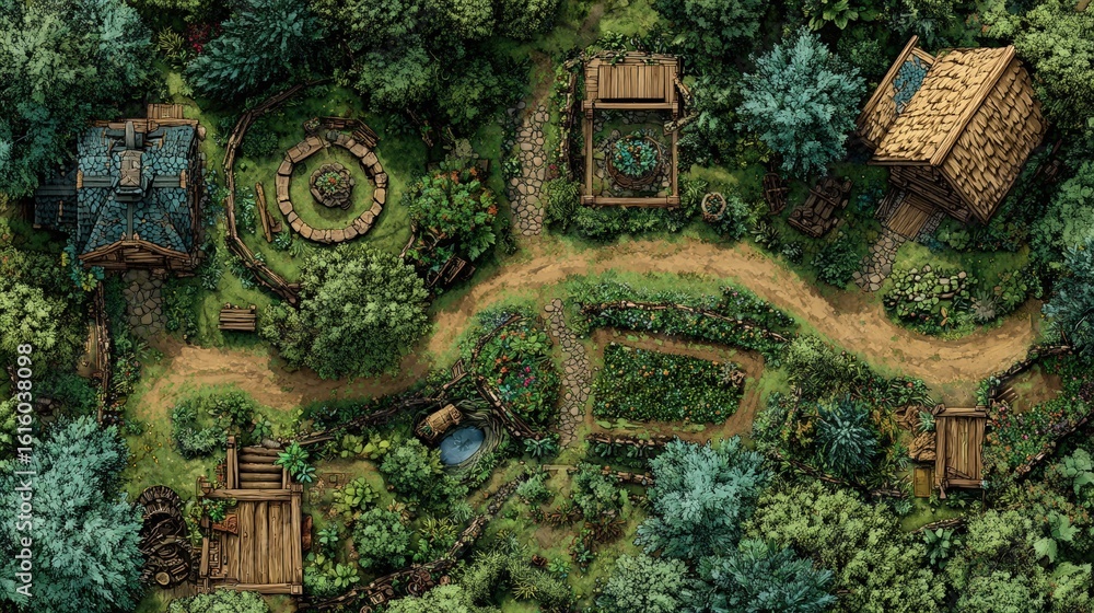 Fototapeta premium A beautifully detailed DnD battlemap featuring an overgrown magical farmstead, complete with wooden fences, rustic cabins, lush greenery, and vibrant gardens in a secluded forest setting. 