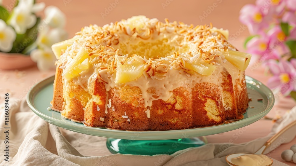 Fototapeta premium Delicious pineapple upside-down cake with coconut topping.