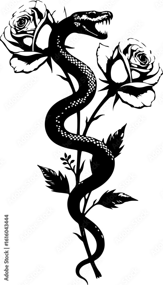 Fototapeta premium Venom & Bloom: Snake and Rose Tattoo Symbolism