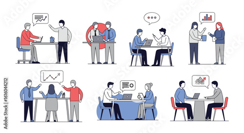 Business professionals collaborating effectively in various meeting scenarios discussing ideas and presenting data for strategic planning