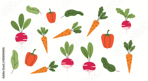 A vibrant assortment of fresh garden vegetables including radishes carrots bell peppers and cucumbers in a whimsical flat design