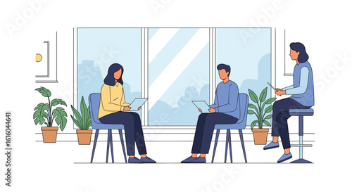 Collaborative meeting in modern office space with natural light and greenery enhancing teamwork and productivity