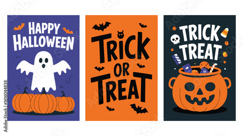 Halloween Graphics Set Featuring Ghost, Pumpkins, Bats, Trick or Treat Messages and Candy Pot