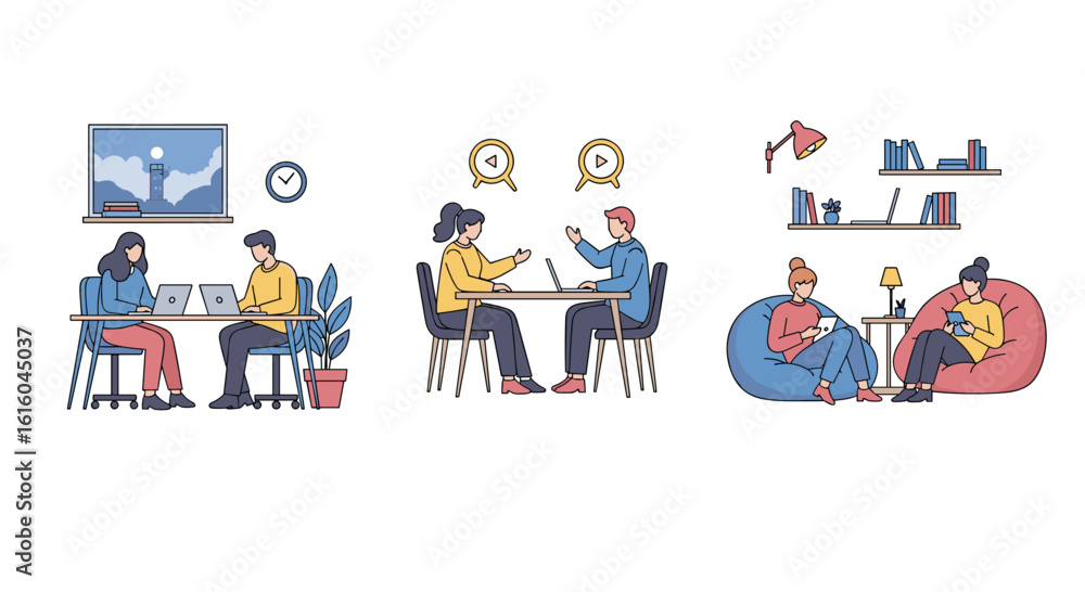 Illustrations depicting people engaging in various indoor recreational activities and social interactions fostering teamwork and relaxation Illustrations depicting people engaging in various indoor recreational activities and social interactions fostering teamwork and relaxation