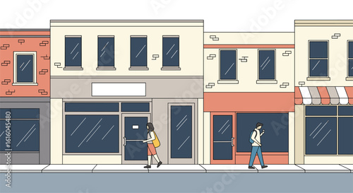 Retro urban street scene featuring people enjoying a sunny day with stylized buildings and a clear blue sky overhead