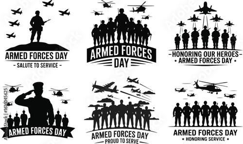 Armed forces day silhouette vector with single soldier and flying airplanes for salute to service and military honor