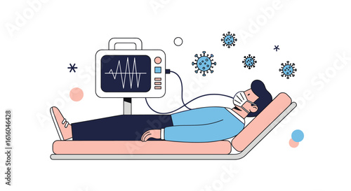 Patient connected to medical ventilator receives critical care in hospital bed with monitoring equipment showing vital signs and abstract virus particles floating around