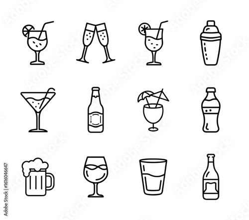 Drink and bar icon set in outline style with glasses, bottles, cocktails, shakers, and bar tools for beverage, party, and nightlife design themes