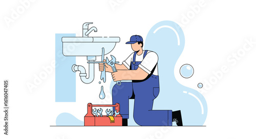 Professional plumber fixing a leaky sink with tools and water droplets illustration