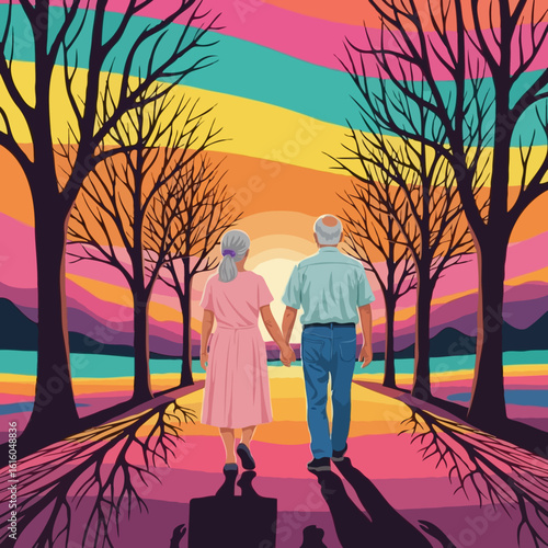 An elderly couple holding hands romantically, walking into a vibrant psychedelic sunset representing lifelong love