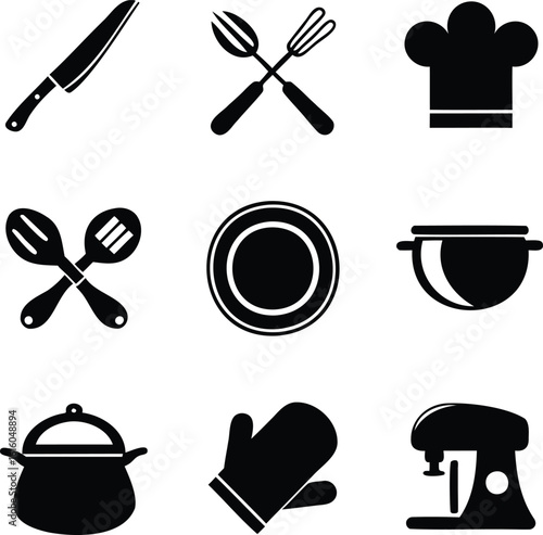Kitchen utensil icon set in flat black style with cooking tools