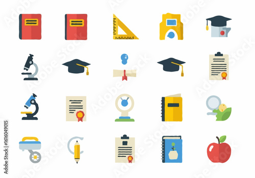 A colorful flat icon set for education and school subjects representing learning and graduation