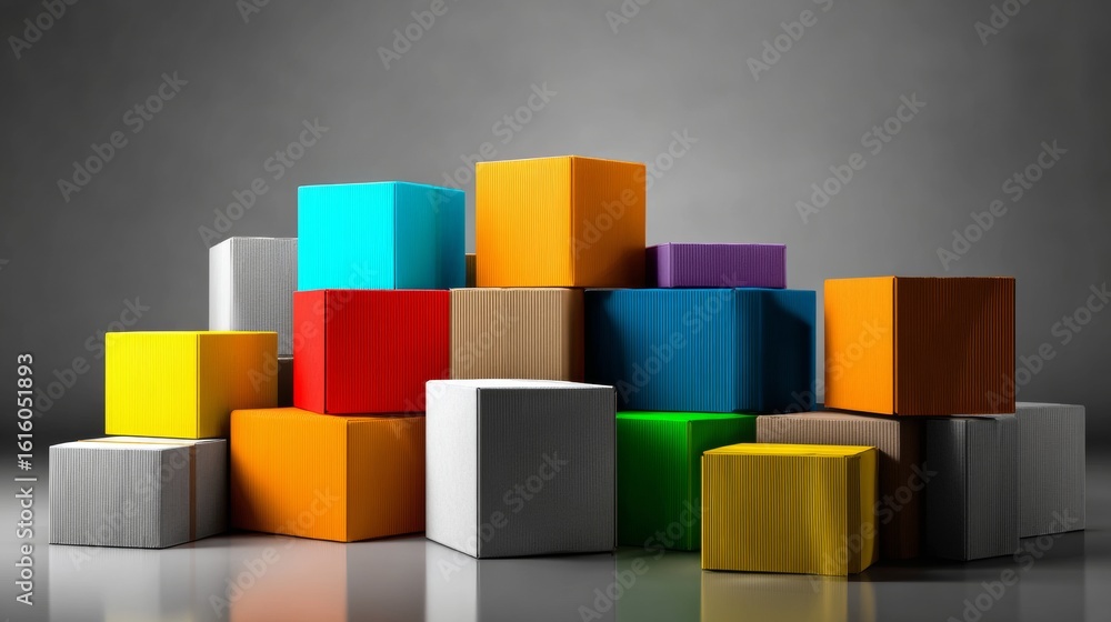 Fototapeta premium Colorful wooden cubes stacked in geometric pattern on gray background for abstract branding design photography scene