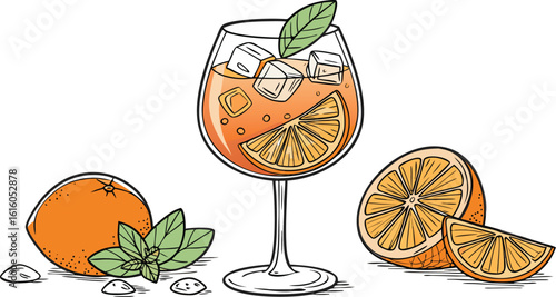 Vibrant orange aperol spritz cocktail with ice cubes against an isolated transparent setting. a detailed vector illustration of a refreshing cocktail in a large stemmed glass.