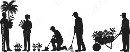 Gardening teamwork in silhouette, planting, watering, raking soil, pushing wheelbarrow, horticulture activity, outdoor garden scene, community plant care