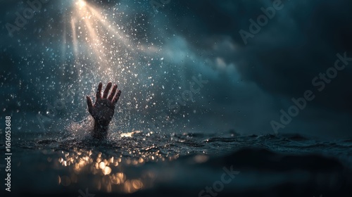 dramatic scene of a person's hand emerging from the water, reaching towards a beam of light from above