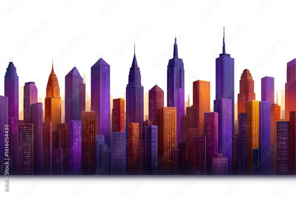 Obraz premium Urban skyline captured in colorful gradient illumination showcasing diverse architectural styles under contemporary artistry creating a captivating visual experience