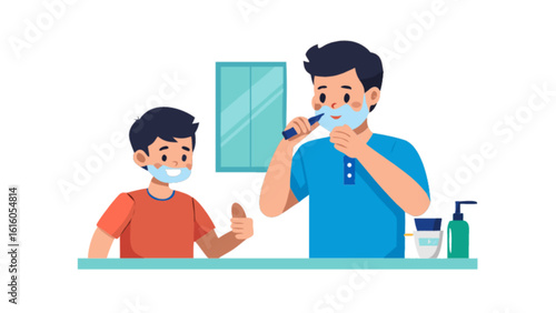 A father is teaching his son how to shave in the bathroom, enjoying a happy family moment and a grooming routine together
