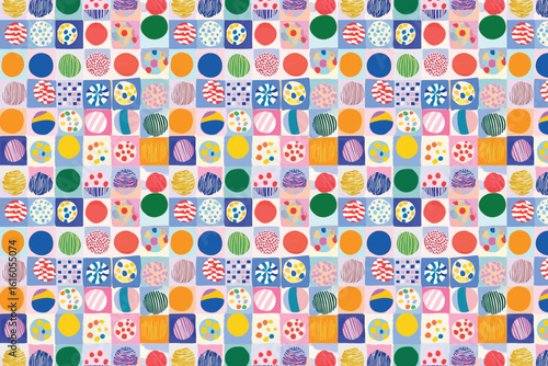 Wallpaper Mural Seamless colorful geometric pattern with playful circles and abstract shapes in a modern vibrant patchwork style. Torontodigital.ca