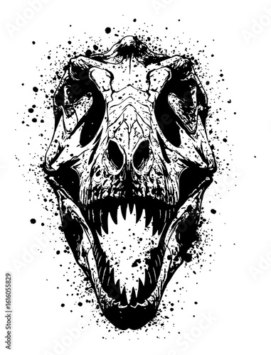 Tyrannosaurus Rex Skull Front View Detailed Illustration Black and White Drip Splat Abstract Art