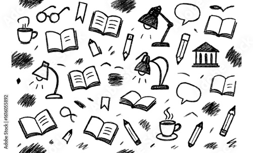 Doodle office essentials: books, lamps, and more in sketch style
