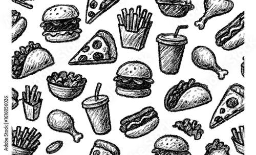 Hand drawn fast food pattern with burgers, fries, and drinks on white background