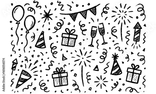 Festive celebration pattern with party elements and hand-drawn sketch style