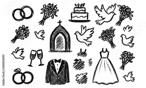 Hand drawn wedding icons set with romantic elements and symbols