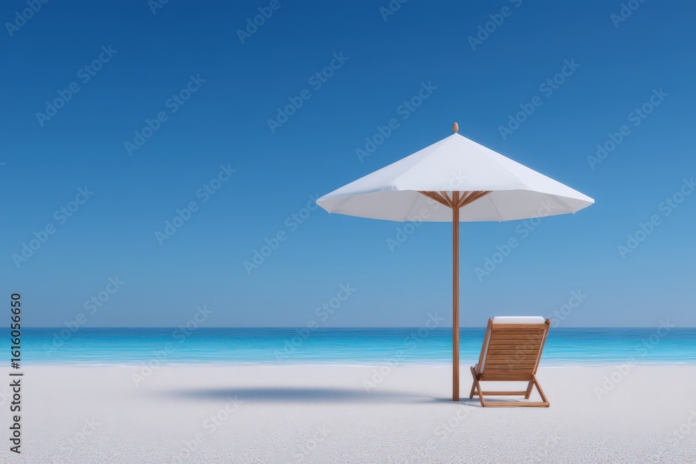Fototapeta premium Tranquil beach scene featuring an inviting wooden lounge chair and a large white beach umbrella standing against a serene blue sky and calming turquoise ocean waves creating a perfect getaway