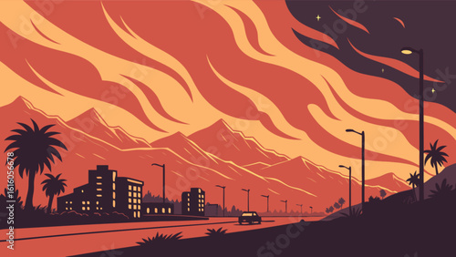 A car drives down a highway towards a city skyline at sunset, with mountains in the background and palm trees lining the road, creating a scenic and vibrant landscape