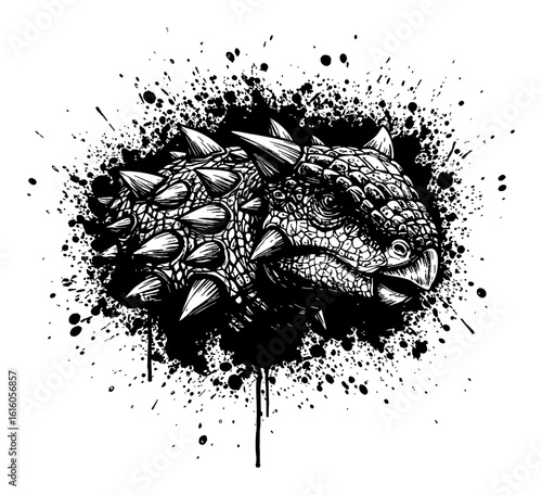 Ankylosaurus Dinosaur Head Portrait Spiked Scales Creature Black and White Drip Splat Abstract Art Illustration