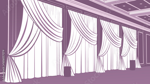 Elegant purple and white curtains and drapes adorn a luxurious interior hall, creating a classic and formal backdrop for events and presentations