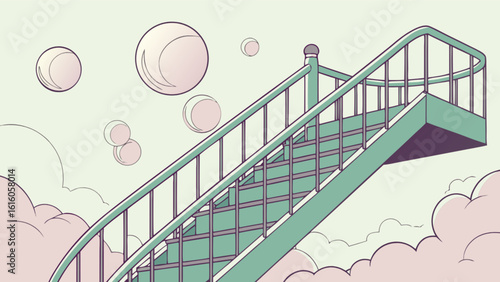 Pastel stairs lead to a dreamy sky with floating spheres, creating a whimsical and abstract illustration isolated on white background