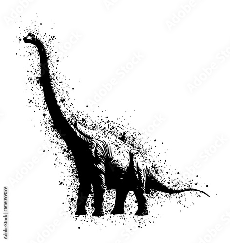 Dynamic Brachiosaurus Full Body Silhouette Black and White Drip Splat Abstract Art Illustration