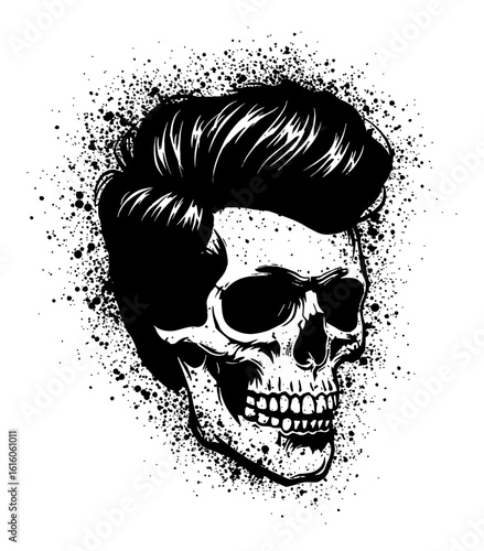 Vintage Inspired Skull with Classic Pompadour Hair Black and White Drip Splat Abstract Art Illustration