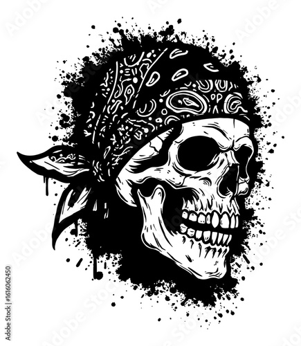 Creepy Macabre Skull Head Wearing Bandanna Side View Gritty Black and White Drip Splat Abstract Art Illustration